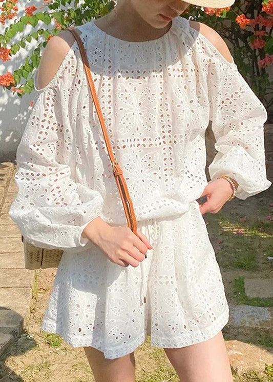 And Pieces Shorts Shirt Beige Shoulder Boutique Cotton Two Cold FashionChic