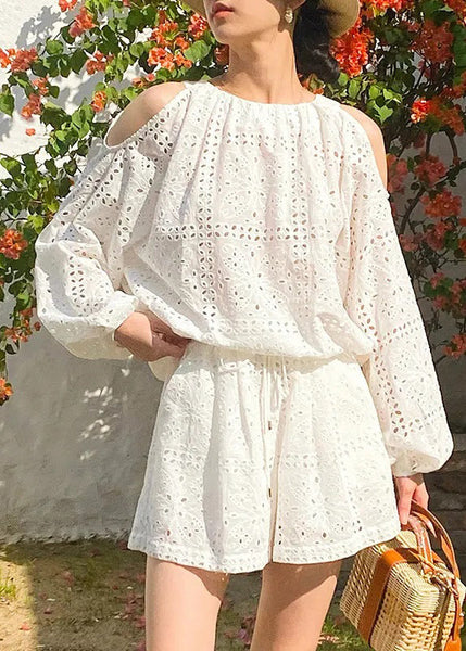 And Pieces Shorts Shirt Beige Shoulder Boutique Cotton Two Cold FashionChic