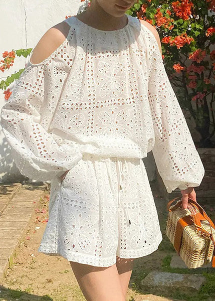 And Pieces Shorts Shirt Beige Shoulder Boutique Cotton Two Cold FashionChic