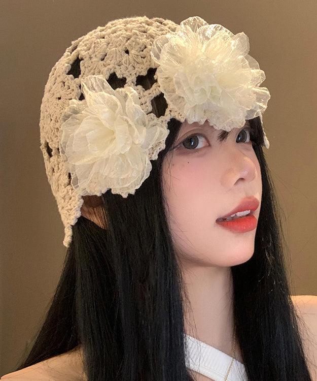 Boutique Beige Floral Hollow Out Knit Bonnie Hat WB027 ABC