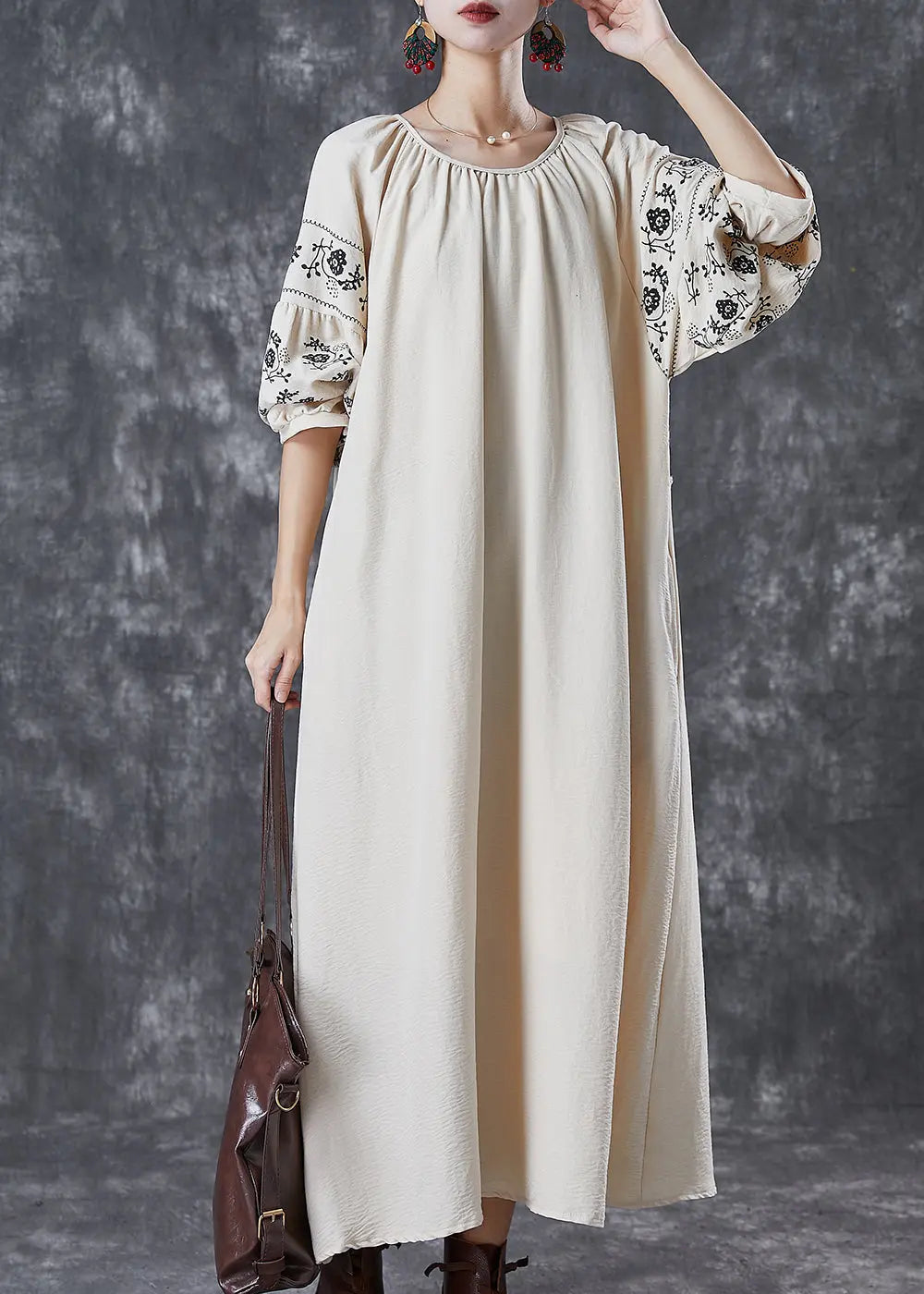 Boutique Beige O-Neck Oversized Cotton Maxi Dresses Puff Sleeve Ada Fashion