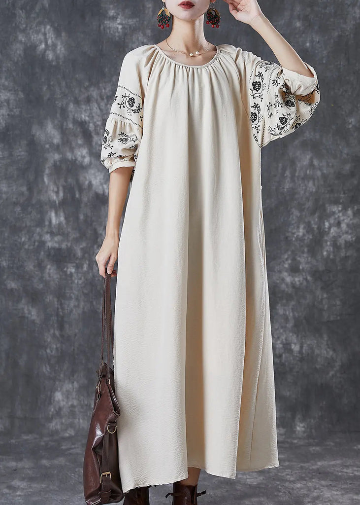 Boutique Beige O-Neck Oversized Cotton Maxi Dresses Puff Sleeve Ada Fashion