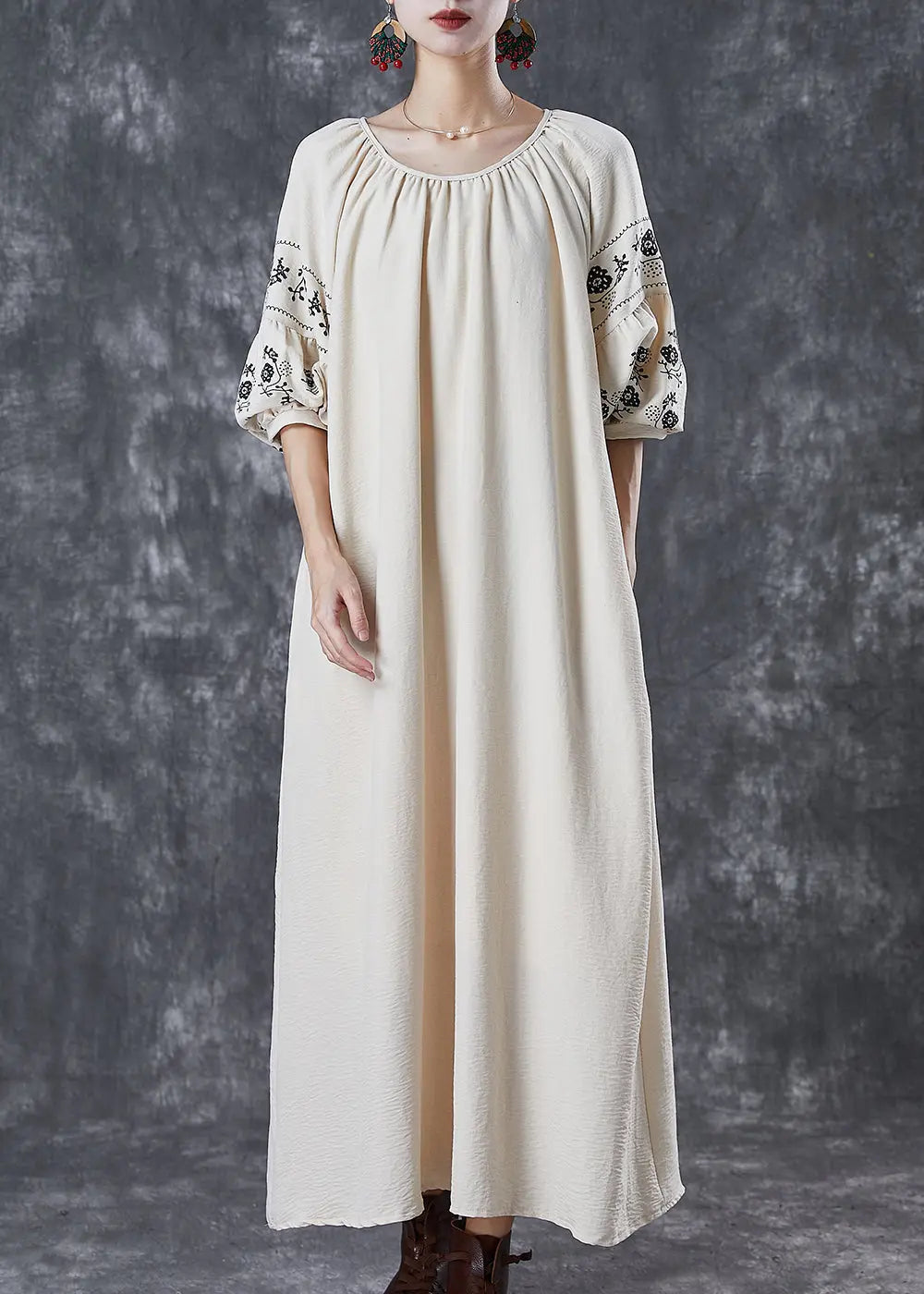 Boutique Beige O-Neck Oversized Cotton Maxi Dresses Puff Sleeve Ada Fashion