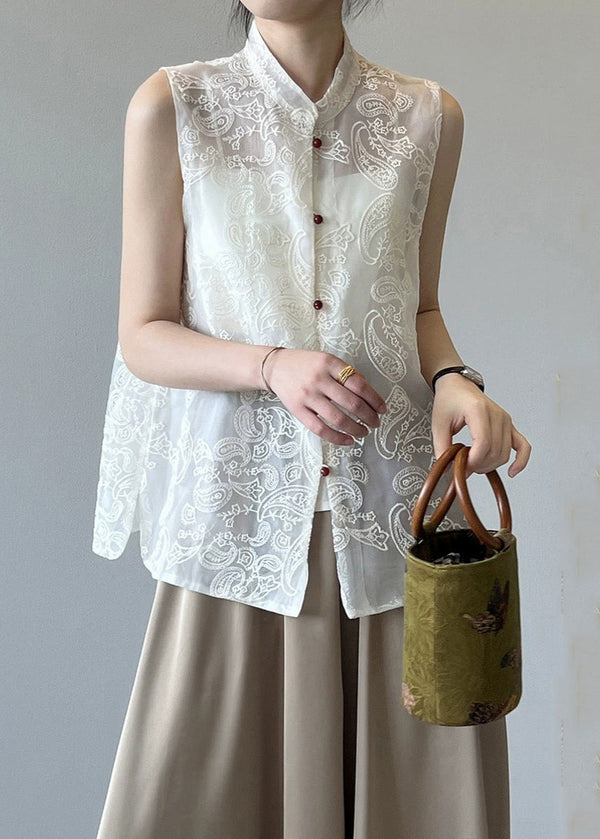 Boutique Beige Stand Collar Embroidered Tulle Waistcoat Summer VB1082 Ada Fashion