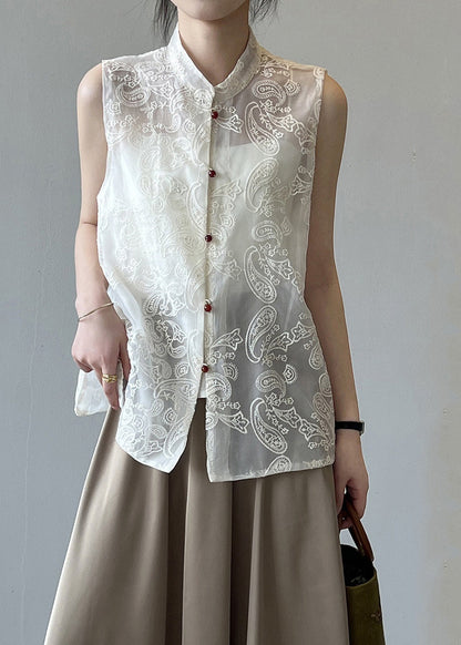 Boutique Beige Stand Collar Embroidered Tulle Waistcoat Summer VB1082 Ada Fashion