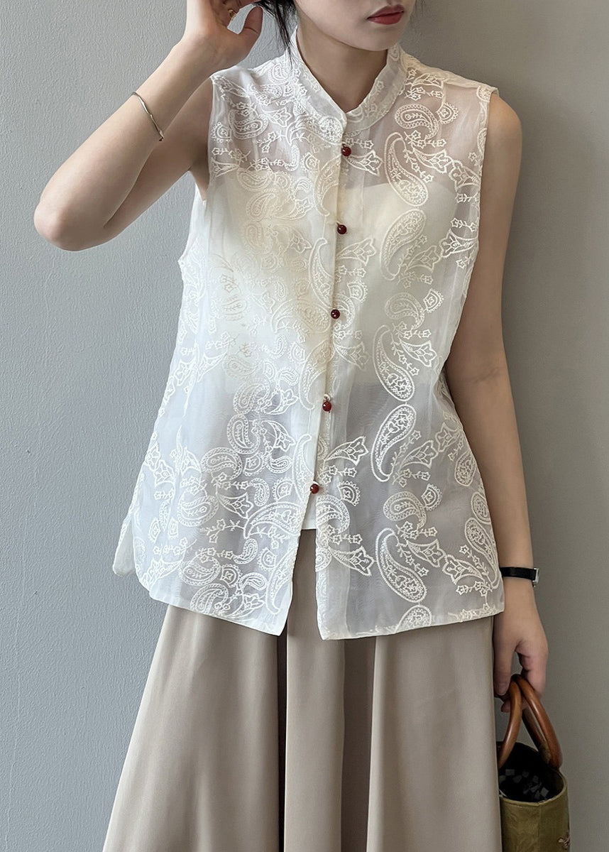 Boutique Beige Stand Collar Embroidered Tulle Waistcoat Summer VB1082 Ada Fashion