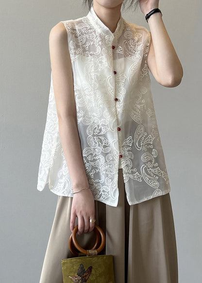 Boutique Beige Stand Collar Embroidered Tulle Waistcoat Summer VB1082 Ada Fashion