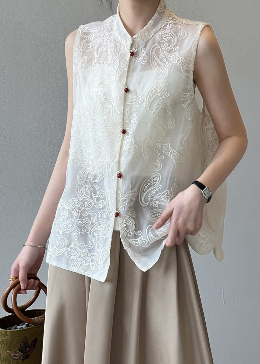 Boutique Beige Stand Collar Embroidered Tulle Waistcoat Summer VB1082 Ada Fashion