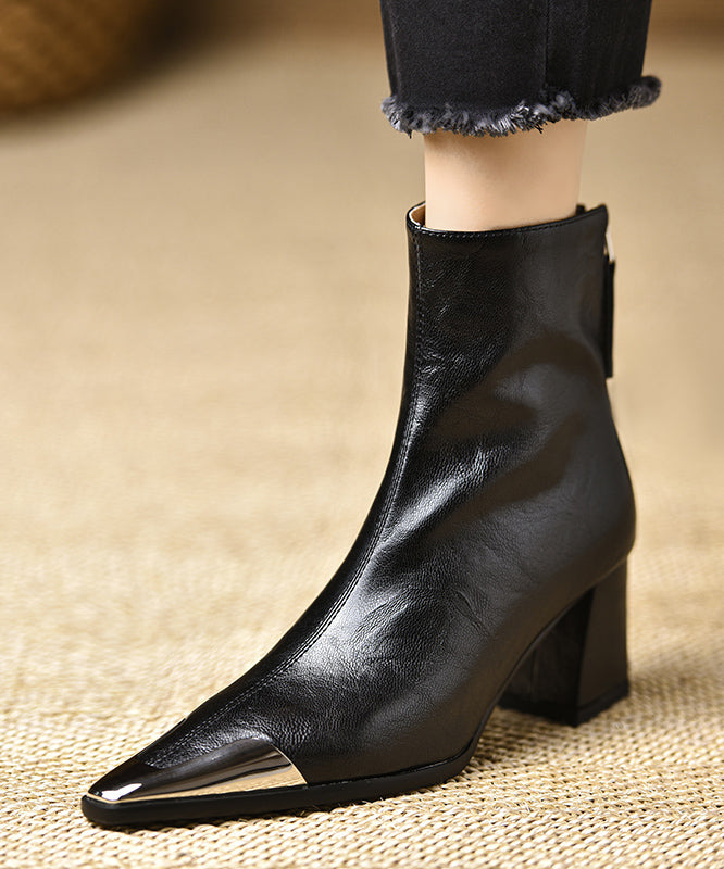 Boutique Black Cowhide Leather Splicing Chunky Boots Pointed Toe TE017 ABC