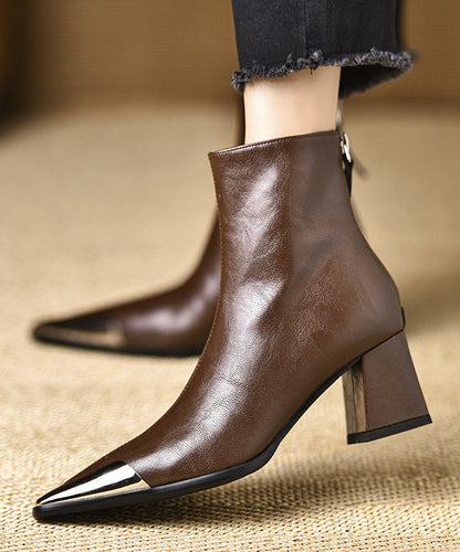 Boutique Black Cowhide Leather Splicing Chunky Boots Pointed Toe TE017 ABC