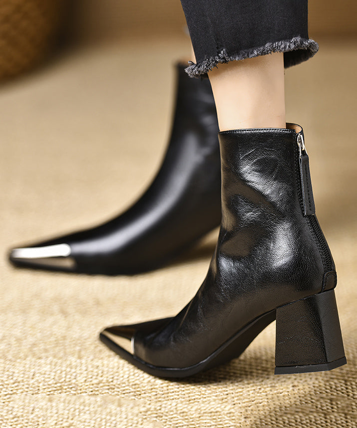 Boutique Black Cowhide Leather Splicing Chunky Boots Pointed Toe TE017 ABC