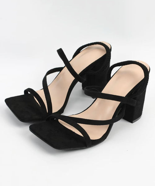 Black Suede Boutique Strap Sandals Chunky Peep Toe Cross FashionChic