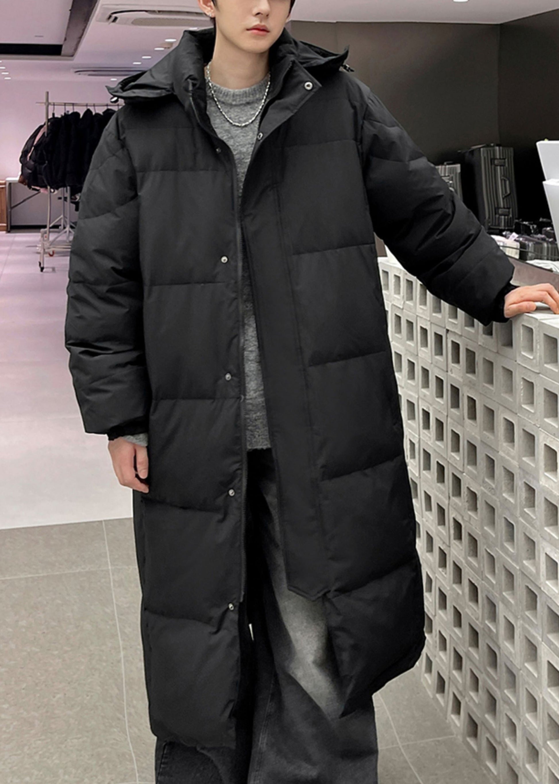 Boutique Black Hooded Button Pockets Duck Down Men Long Coats Winter RJ004 ABC