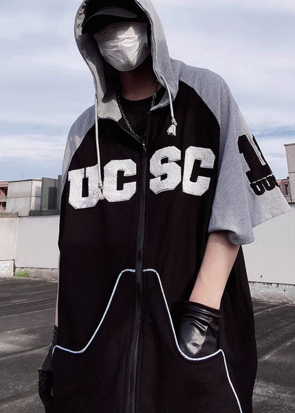 Cotton Patchwork Short Black Hooded Men Sweatshirt Boutique FashionChic