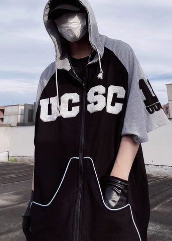 Cotton Patchwork Short Black Hooded Men Sweatshirt Boutique FashionChic