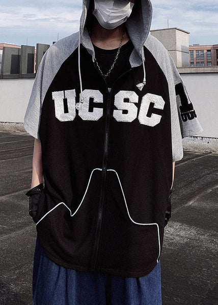 Cotton Patchwork Short Black Hooded Men Sweatshirt Boutique FashionChic