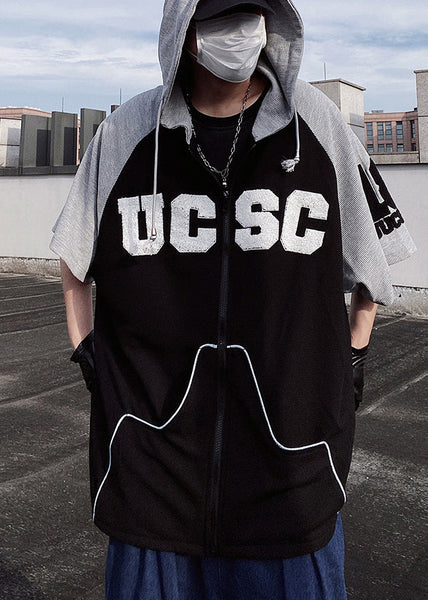 Cotton Patchwork Short Black Hooded Men Sweatshirt Boutique FashionChic
