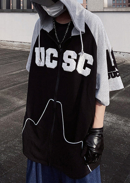 Cotton Patchwork Short Black Hooded Men Sweatshirt Boutique FashionChic