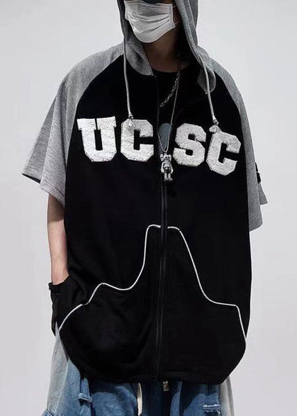 Cotton Patchwork Short Black Hooded Men Sweatshirt Boutique FashionChic