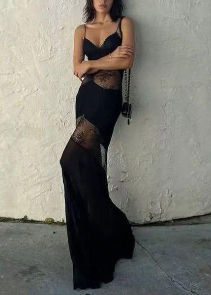 Silk Summer Spaghetti Strap Lace Patchwork Dress Boutique Black FashionChic