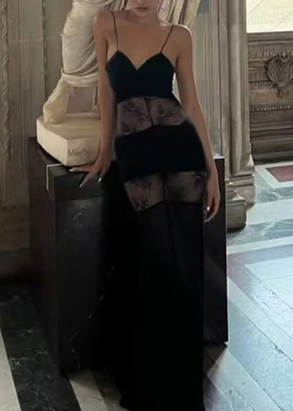 Silk Summer Spaghetti Strap Lace Patchwork Dress Boutique Black FashionChic