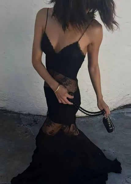 Silk Summer Spaghetti Strap Lace Patchwork Dress Boutique Black FashionChic