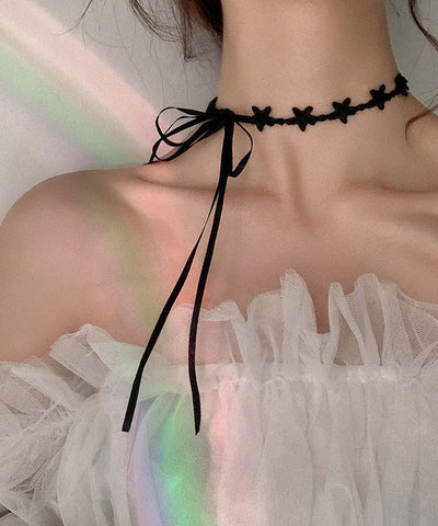 Boutique Black Lace Star Bow Tie Lace Pendant Necklace YU006 ABC