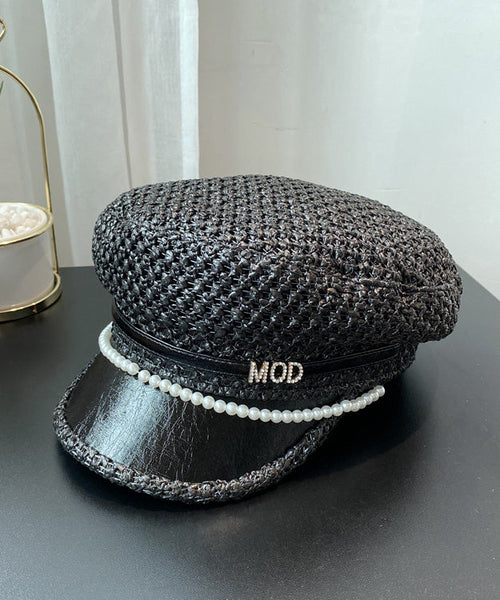 Bead Boutique Woven Hat Zircon Black Straw Beret Nail FashionChic