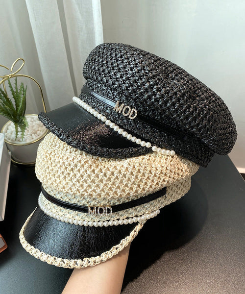 Bead Straw Boutique Woven Zircon Nail Beret Hat Black FashionChic