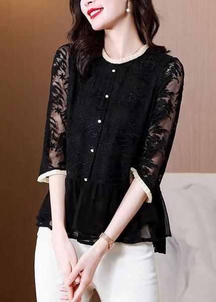 Shirt O-Neck Boutique Black Summer Top Silk Embroidered FashionChic
