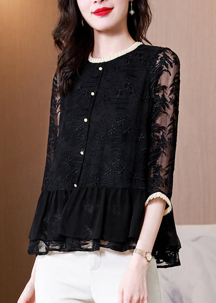 Shirt O-Neck Boutique Black Summer Top Silk Embroidered FashionChic