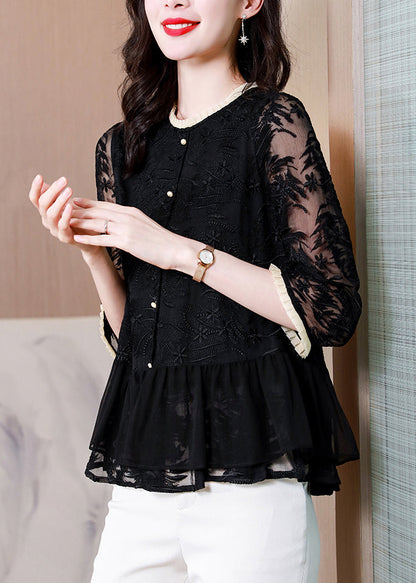 Shirt O-Neck Boutique Black Summer Top Silk Embroidered FashionChic