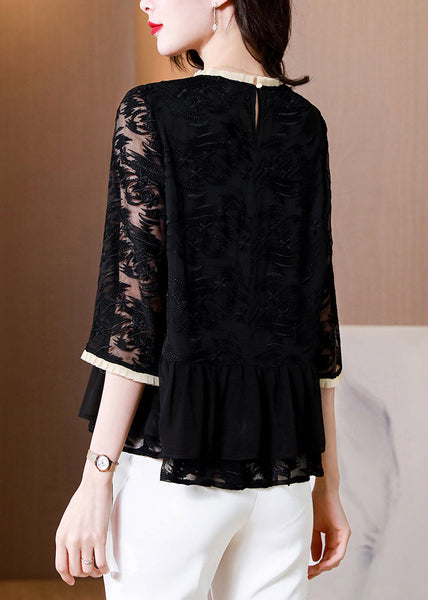 Shirt O-Neck Boutique Black Summer Top Silk Embroidered FashionChic