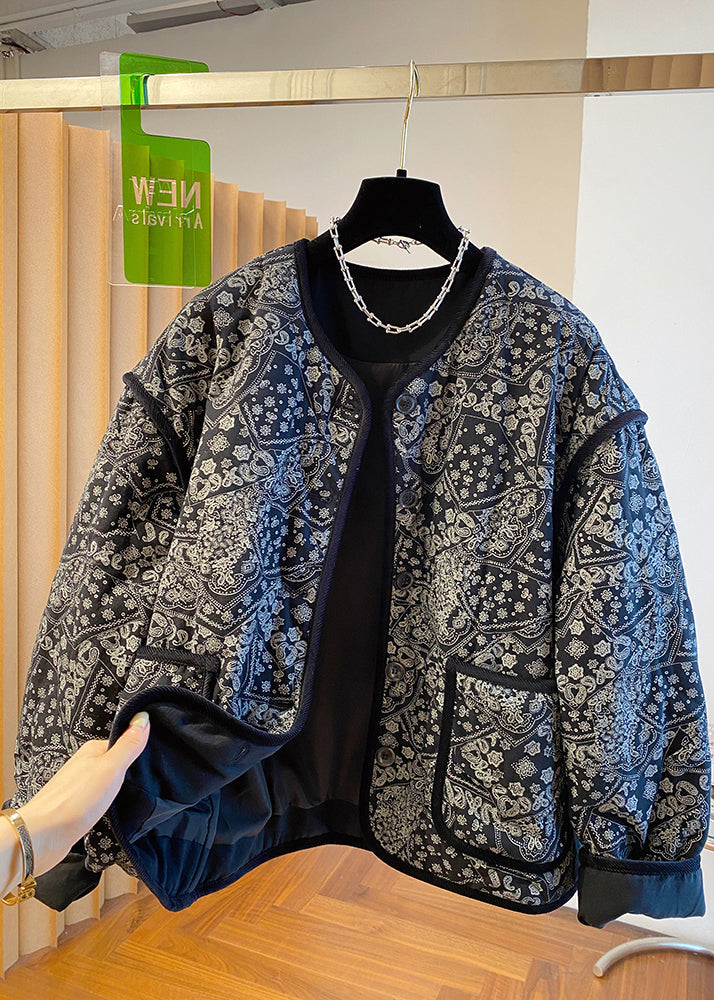 O Fine Boutique Black Neck Jackets Filled Pockets Print Cotton FashionChic