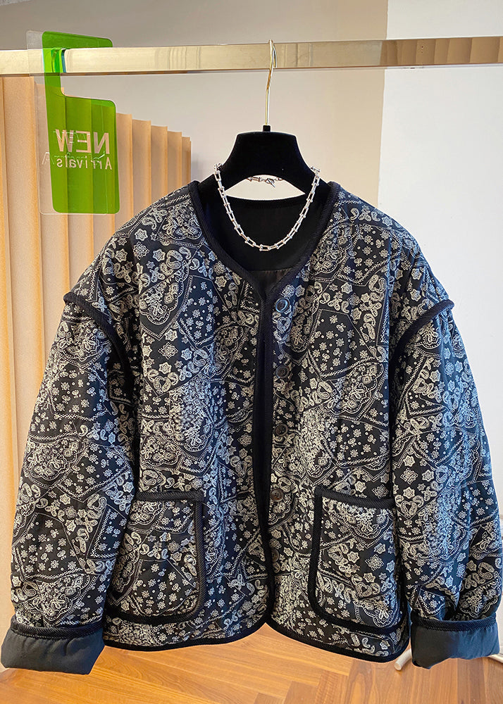 O Fine Boutique Black Neck Jackets Filled Pockets Print Cotton FashionChic
