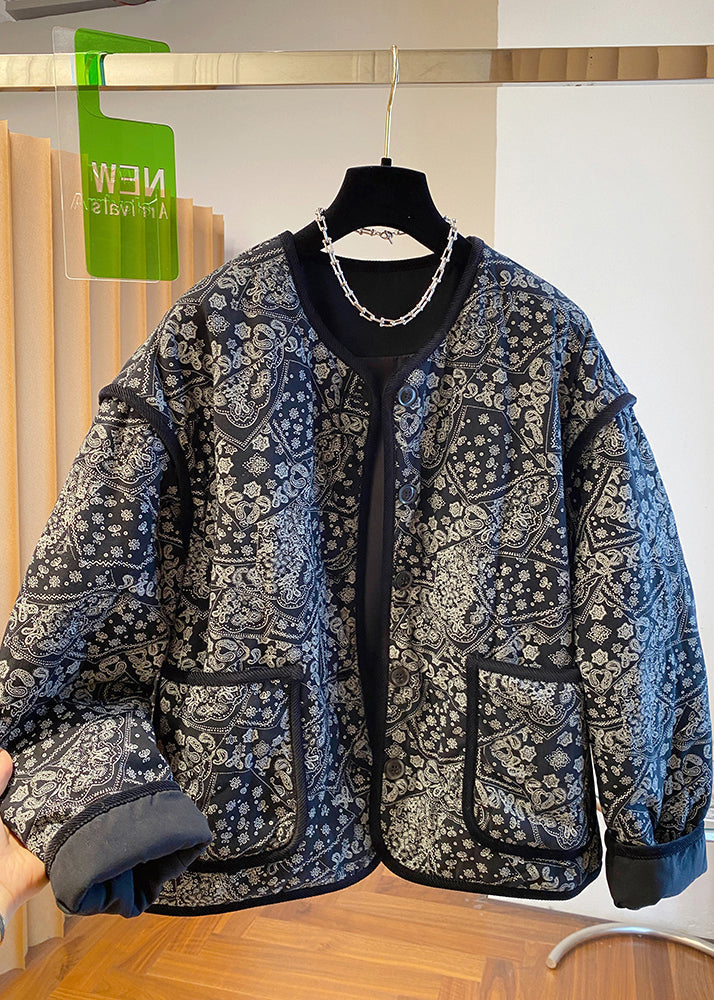 O Fine Boutique Black Neck Jackets Filled Pockets Print Cotton FashionChic