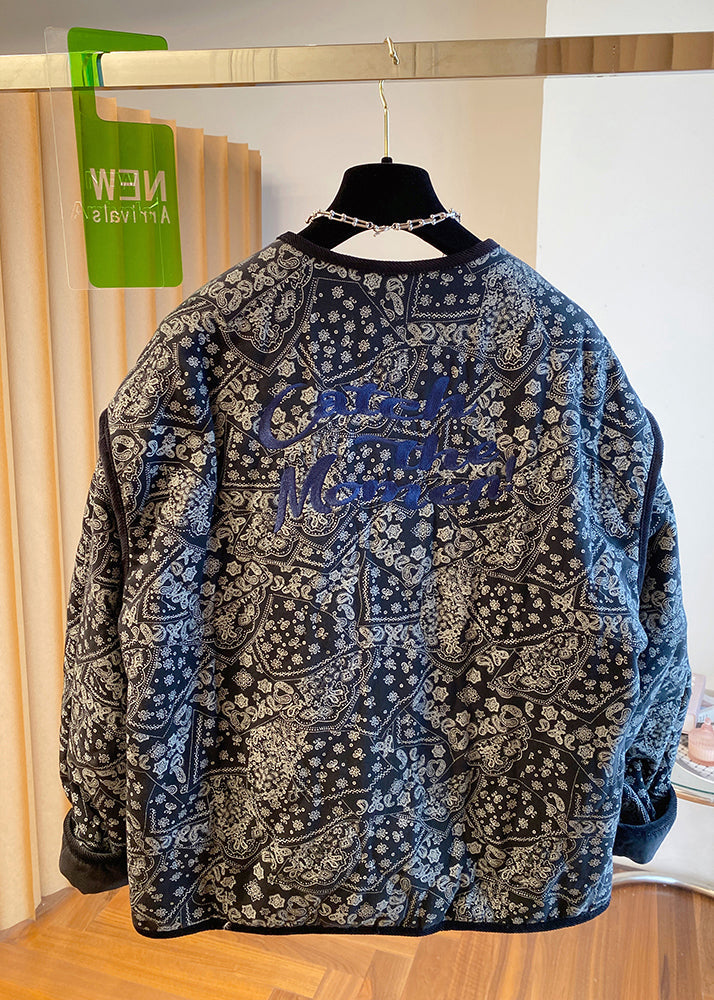 O Fine Boutique Black Neck Jackets Filled Pockets Print Cotton FashionChic