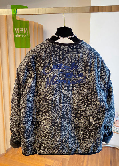 O Fine Boutique Black Neck Jackets Filled Pockets Print Cotton FashionChic