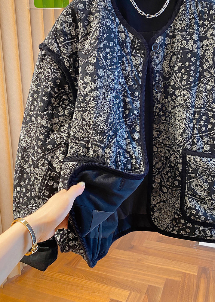 O Fine Boutique Black Neck Jackets Filled Pockets Print Cotton FashionChic