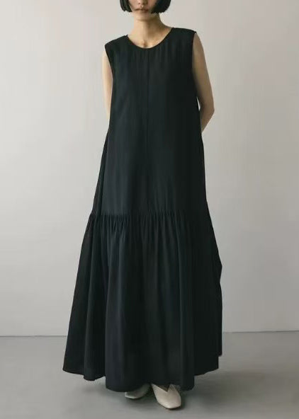 Black Patchwork Boutique Oversized Party Dress Sleeveless Cotton FashionChic