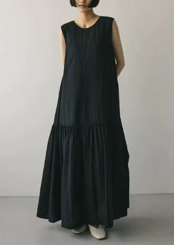 Black Patchwork Boutique Oversized Party Dress Sleeveless Cotton FashionChic