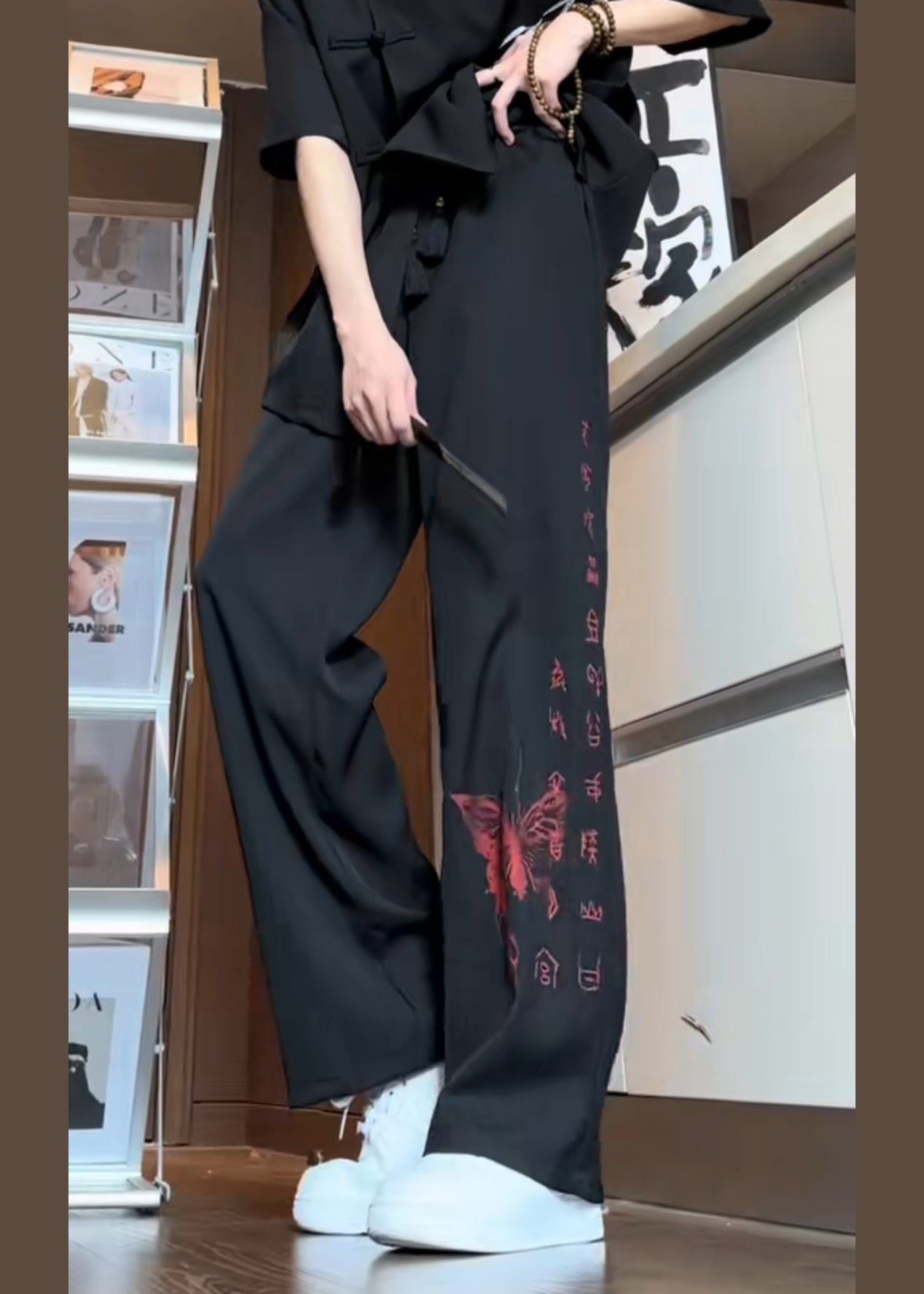 Boutique Black Pockets Butterfly Print Ice Silk Pants Men Summer SA053 Men-casual-MENP240726