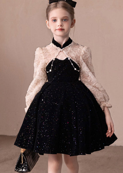 Boutique Black Stand Collar Lace Patchwork Kids Party Mid Dress Fall RP039 ABC