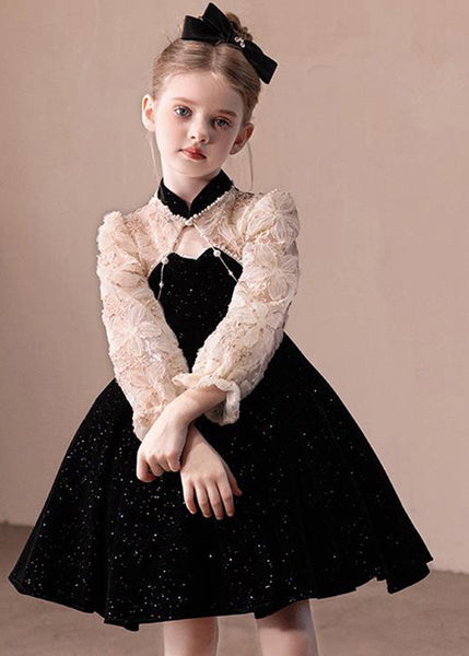 Boutique Black Stand Collar Lace Patchwork Kids Party Mid Dress Fall RP039 ABC
