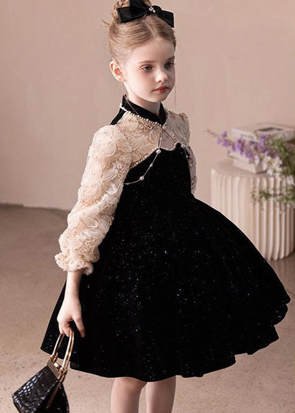 Boutique Black Stand Collar Lace Patchwork Kids Party Mid Dress Fall RP039 ABC