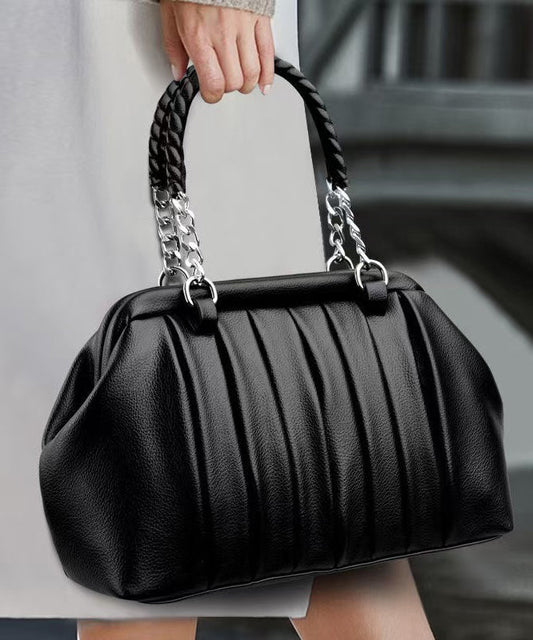 Tote Bag Black Calf Leather Wrinkled Durable Boutique FashionChic