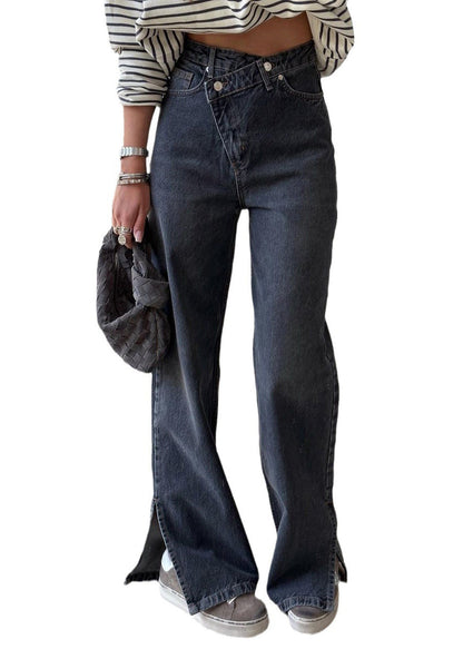 Boutique Blue Asymmetrical Pockets Denim Flared Trousers Spring QQ1042 Ada Fashion