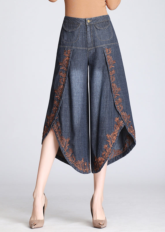 Boutique Blue Embroidered Pockets Cotton Crop Pants Skirt Summer BV072 MZF-CPTS240702