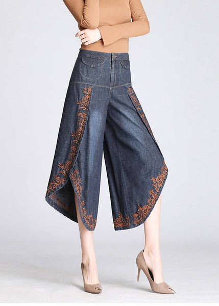Boutique Blue Embroidered Pockets Cotton Crop Pants Skirt Summer BV072 MZF-CPTS240702