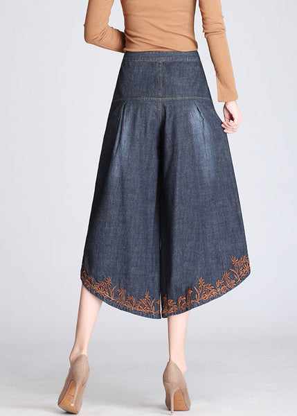 Boutique Blue Embroidered Pockets Cotton Crop Pants Skirt Summer BV072 MZF-CPTS240702
